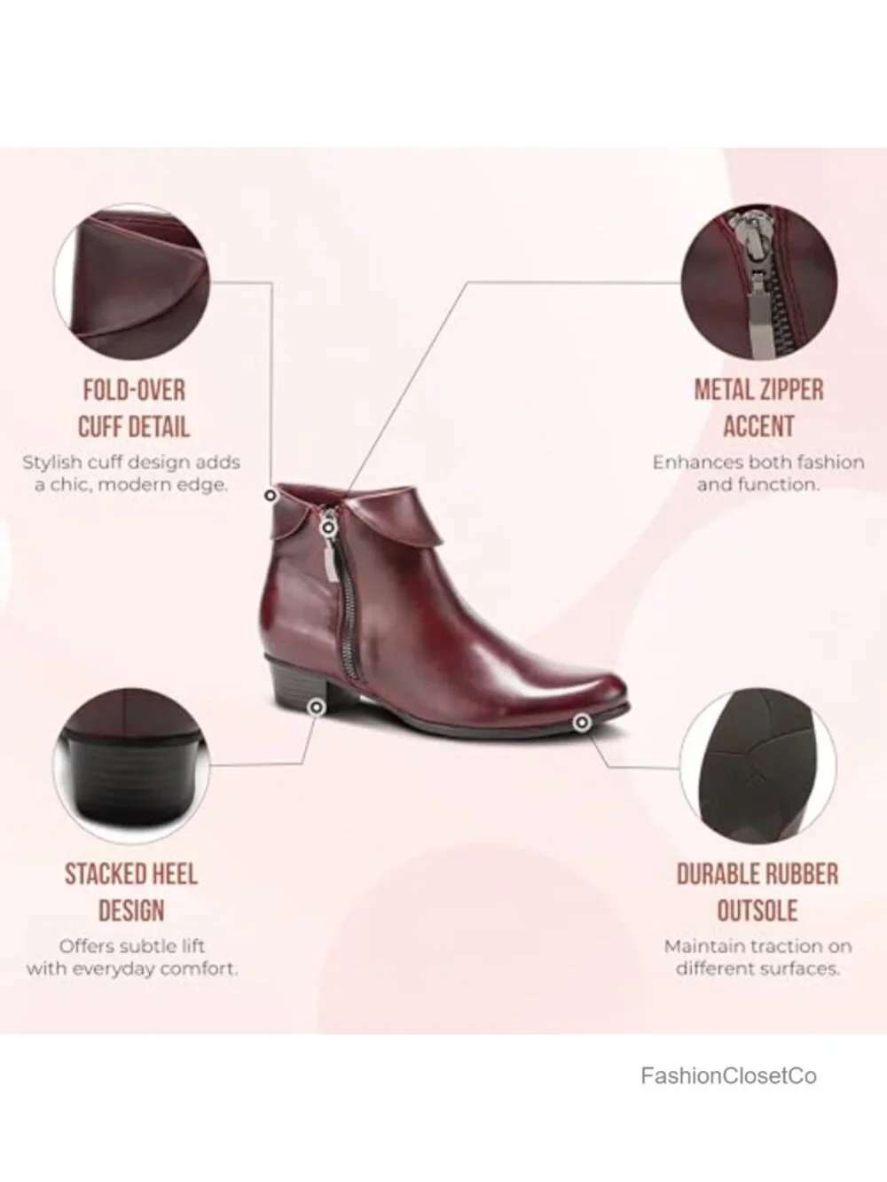 Polished Leather Pull-On Bootie with Metal Zipper, Block Heel